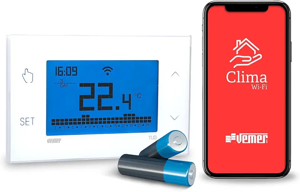 VEMER VE788600 TUO WiFi Batterie - Thermostat Heizung Smart Home, WLAN Raumthermostat, Wochenprogrammierung, Steuerbar mit APP über Smartphone mit iOS und Android, Weiß