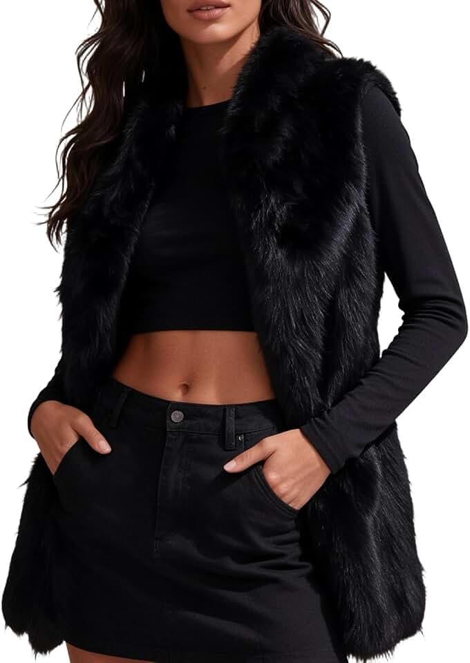 Amazhiyu Damenweste aus Kunstfell, warme Weste mit Tasche und Gürtel, ärmellos, Rundhalsausschnitt, lange Strickjacke für Winter/Herbst