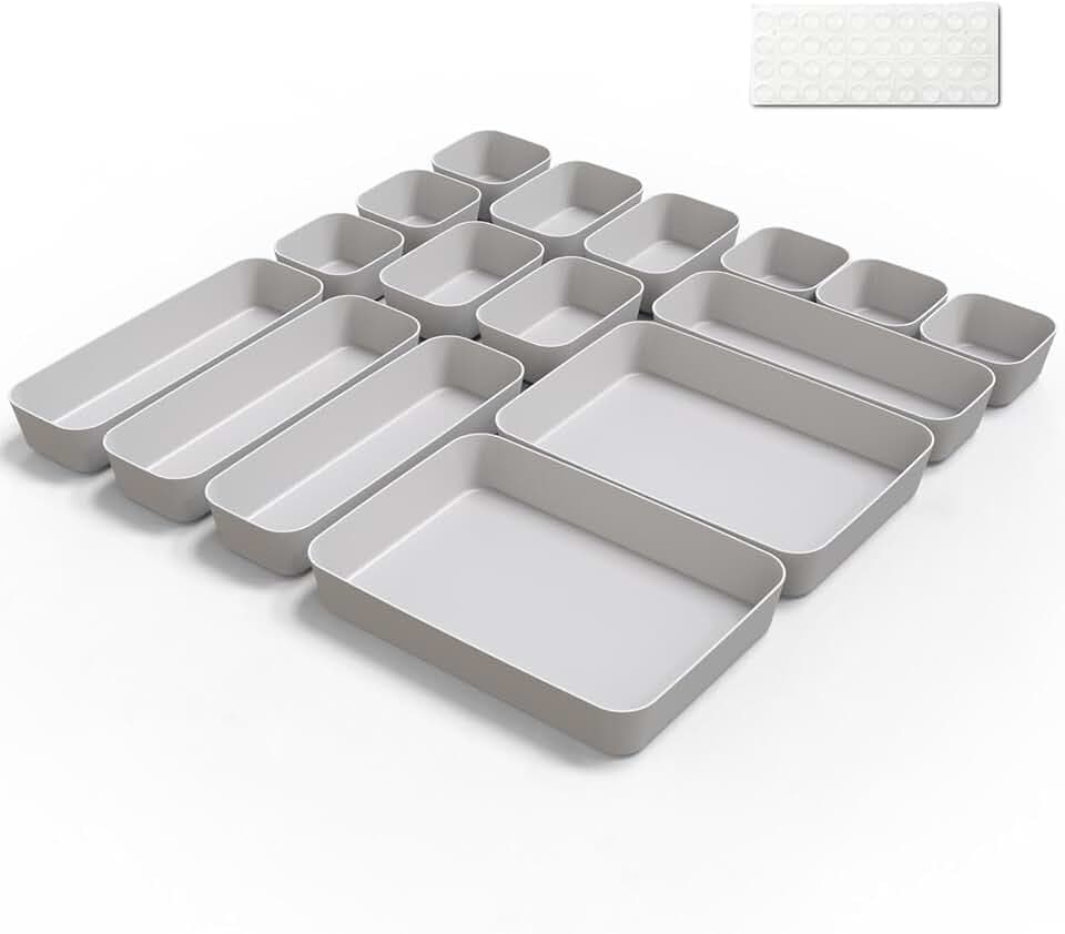 Schubladen Organizer Box Organizer Schubladen Ordnungssystem 16 Stk Küche Badezimmer Kosmetik Gewürz Aufbewahrung Organisation Drawer Kunststoff Büro Schreibtisch Trenner mit Silikonmatten (Hellgrau)