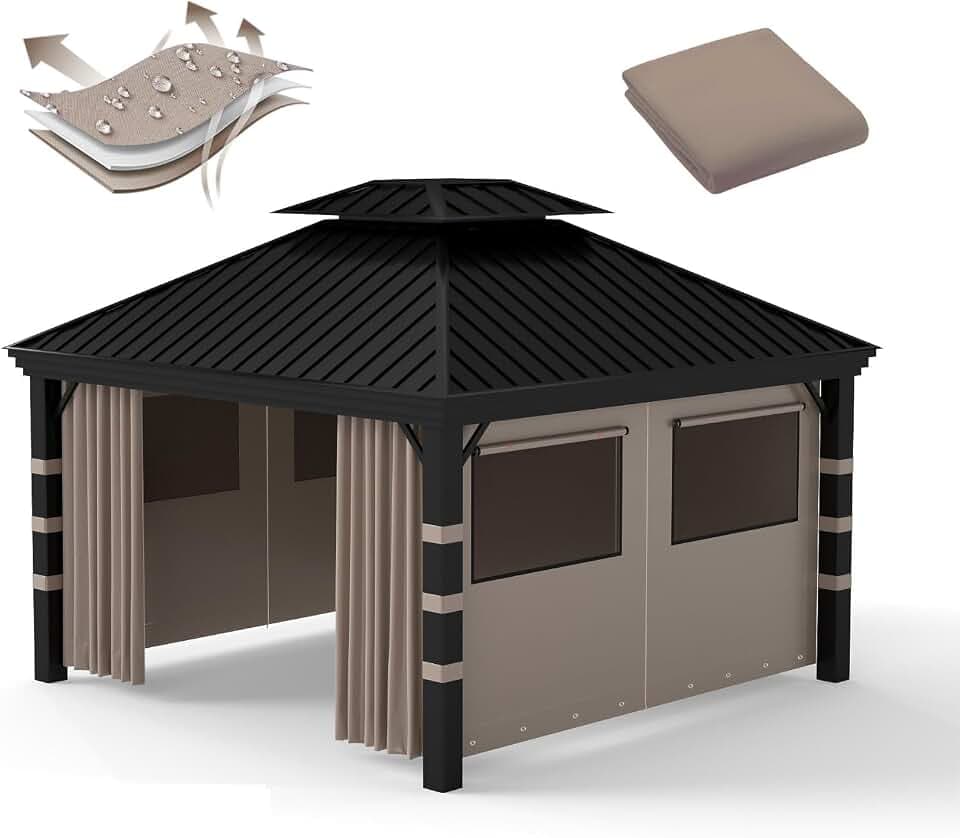 Gazebo Privacy Curtains 10' x 12', 4 Panels Sidewall Universal Replacement Curtains, Waterproof Privacy Enclosure with Mesh Windows, Dual-Zipper for Patio, Pergolas, Gazebo and Backyard