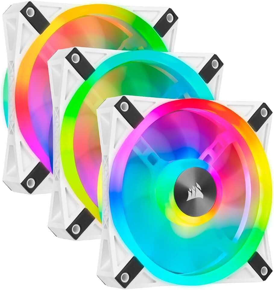 Corsair iCUE QL120 RGB, 120-mm-RGB-LED-PWM-Lüfter (102 Einzeln Ansteuerbare RGB-LEDs, Schwindigkeiten Bis zu 1,500 U/Min, Geräuscharm) 3er-Pack mit Lighting Node Core, Komaptibel mit Desktop - weiß
