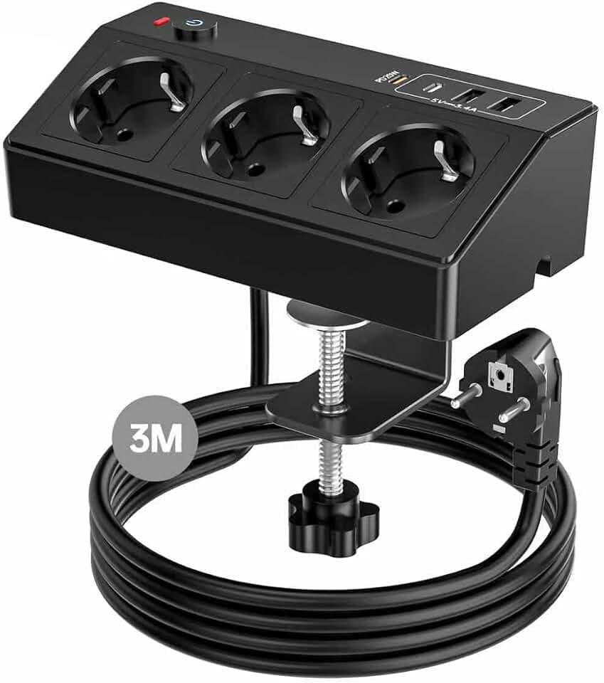 Tischsteckdose mit USB C PD 20W, 4000W/16A Steckdosenleiste Schreibtisch, STGAROT 3 Fach Mehrfachsteckdose 4 USB mit Schalter 3M Kabel, Überspannungsschutz Steckdose Tisch für Zuhause Büro, Schwarz
