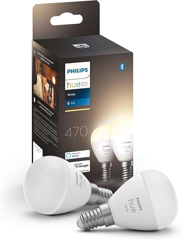 Philips Hue White E14 Luster, 2 x 470 lm, 2er Pack | Warmweißes Licht, Dimmbar, App-steuerbar, Kompatibel mit Amazon Alexa, Smart Home