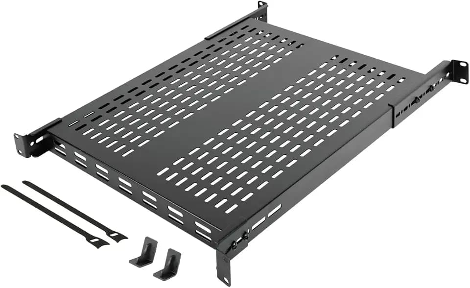 Tecmojo 1U 4-Post Vented Server Rack Mount Shelf,27.6in Deep with Adjustable Depth 19.7-37.4inch,Supports to 242 lbs,Universal Tray for 19 Inch AV/Network Equipment Rack,Black