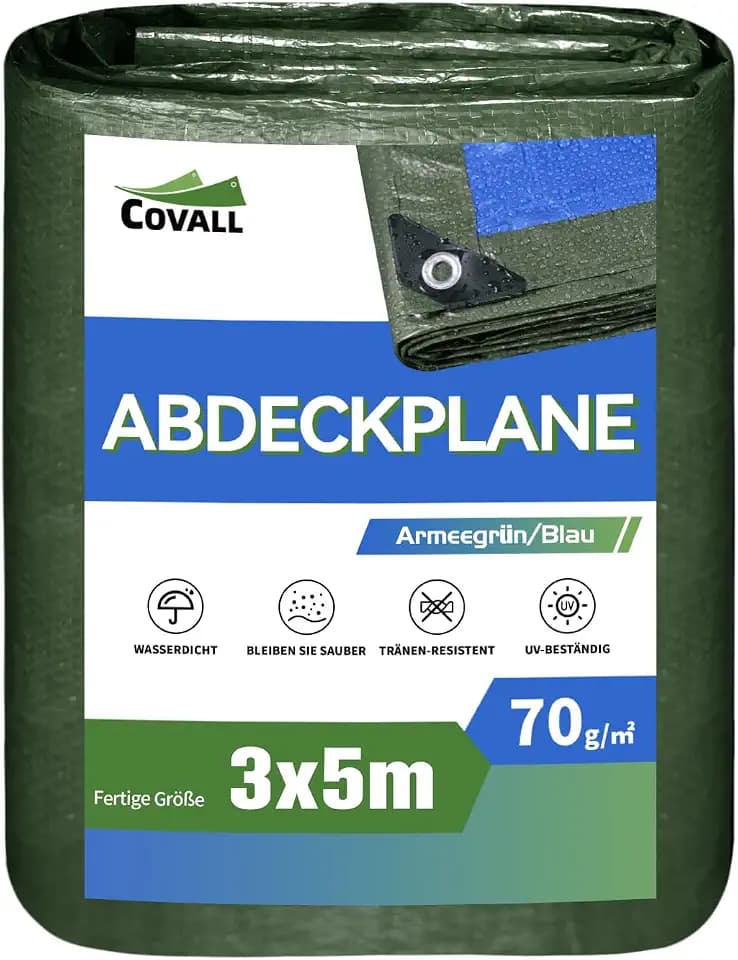 Abdeckplane Leichte wasserdichte Plane 3x5m, 70g/m² multifunktionale UV-Schutzplane,grün/Blaue Tarpaulin mit Löchern,geeignet für Autoabdeckungen,Campingplanen,Poolabdeckungen
