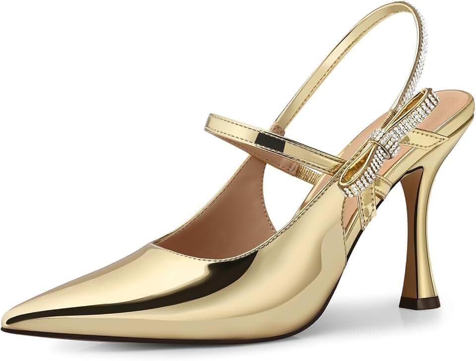 CELLENZ Women Kitten Heel Pumps: 3.8 Inch Rhinestone Bow Bride Wedding High Heels,Ceremony Prom Ankle Strappy Dress Shoes, Sexy Night Party Dance Sparkly Pumps