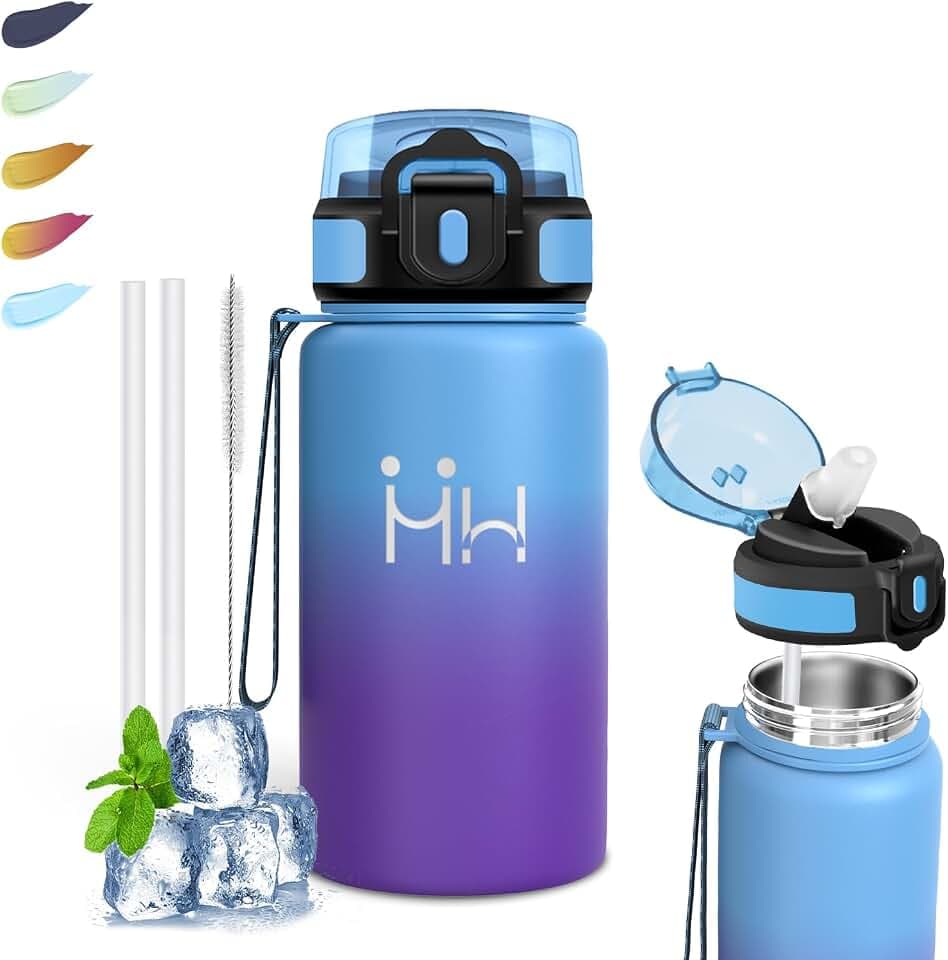 Trinkflasche Edelstahl- 500ml- Trinkflasche Kinder, BPA-Frei, Wasserflasche mit Strohhalm, Auslaufsicher, Doppelwandige Vakuumisolierte, Wasserflasche für Schule/Büro/Cafe/Camping