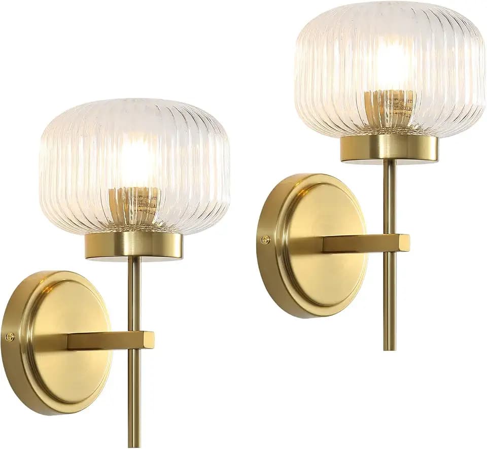 Hardwired Gold Wall Sconces Set of 2, Up/Down Adjustable Modern Wall Light Fixtures with Ribbed Glass Shade for Bedroom Bathroom Hallway