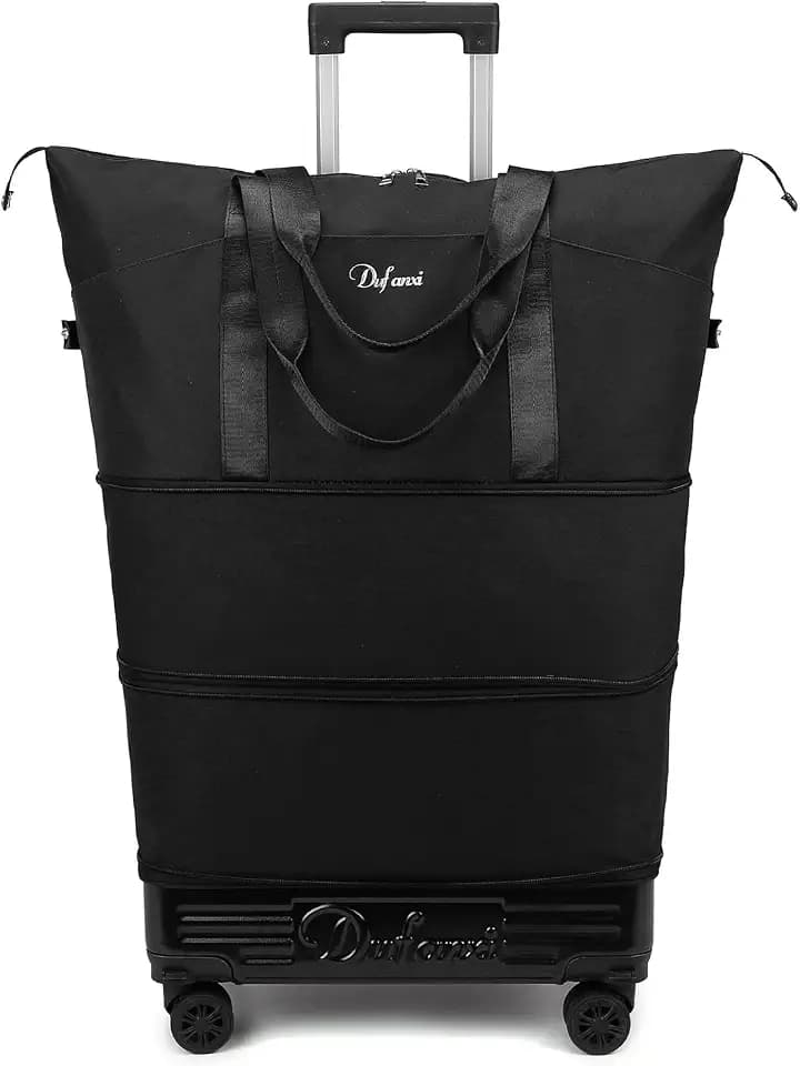 Expandable Rolling Travel Bag with Removable Wheels & Handle, Large Capacity Wheeled Duffle Tote, Foldable Carry On Luggage for Women, Lightweight Weekender Overnight Bag (Black)