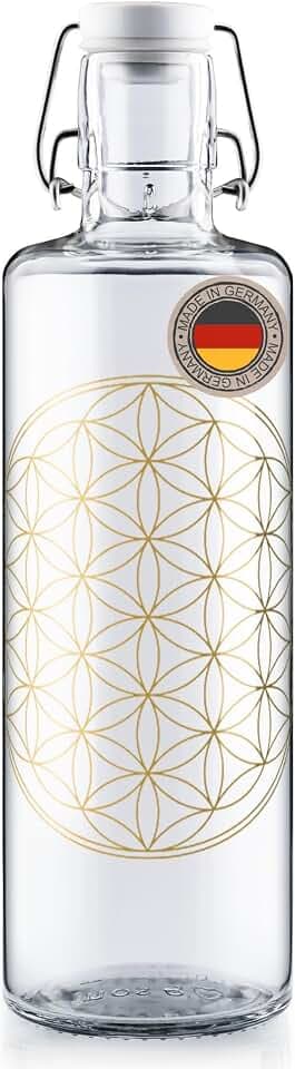 soulbottles Glas Trinkflasche 1L Flower of Life • Blume des Lebens Design • Aufdruck aus echtem Gold • Made in Germany • 100% plastikfrei, auslaufsicher • Ideal für Sport, Büro & Zuhause