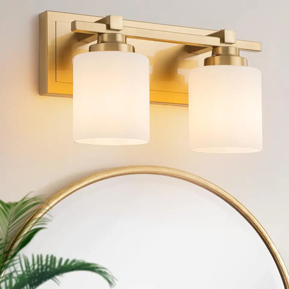 Modern Bathroom Light Fixtures Over Mirror, Vanity Lights for Bathroom Wall Sconces with Milky White Glass Shades, E26 Socket (Bulbs Not Included), 2 Light, Brass