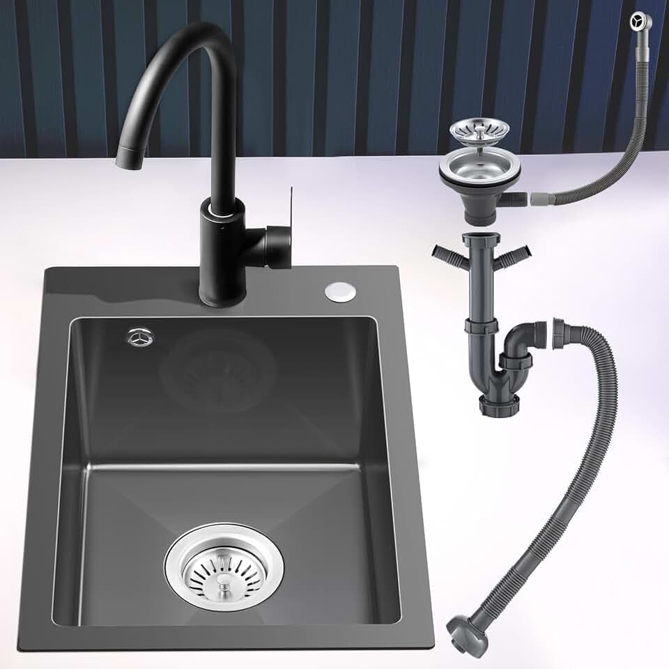 ROVOGO Küchenspüle Schwarz 50x35cm Edelstahl Spüle inkl. Ablauf & Überlauf