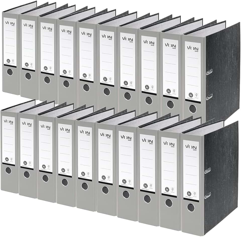 VON Leitz Ordner A4, 20er Pack, 100 % Recyclingpapier, 80 mm Rückenbreite, Für 600 Blatt, Blauer Engel & FSC-zertifiziert, Für Schule, Studium & Zuhause, Grau, 10530085