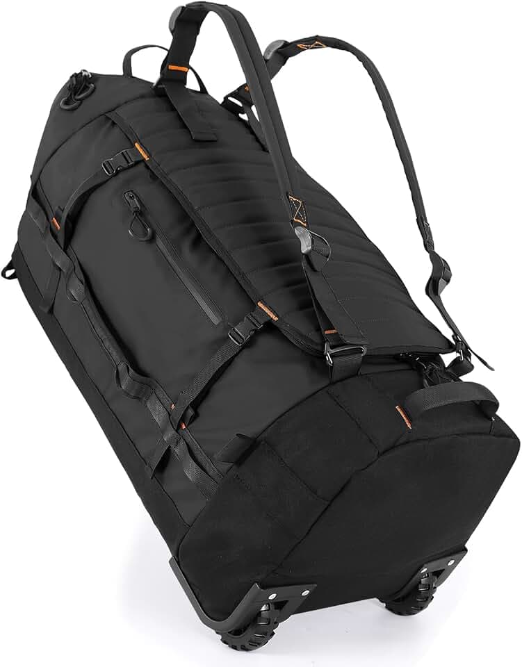 86L Collapsible Wheeled Luggage With Removable Backpack Straps,Waterproof Rolling Duffle Bag with Quilted Base (Black)
