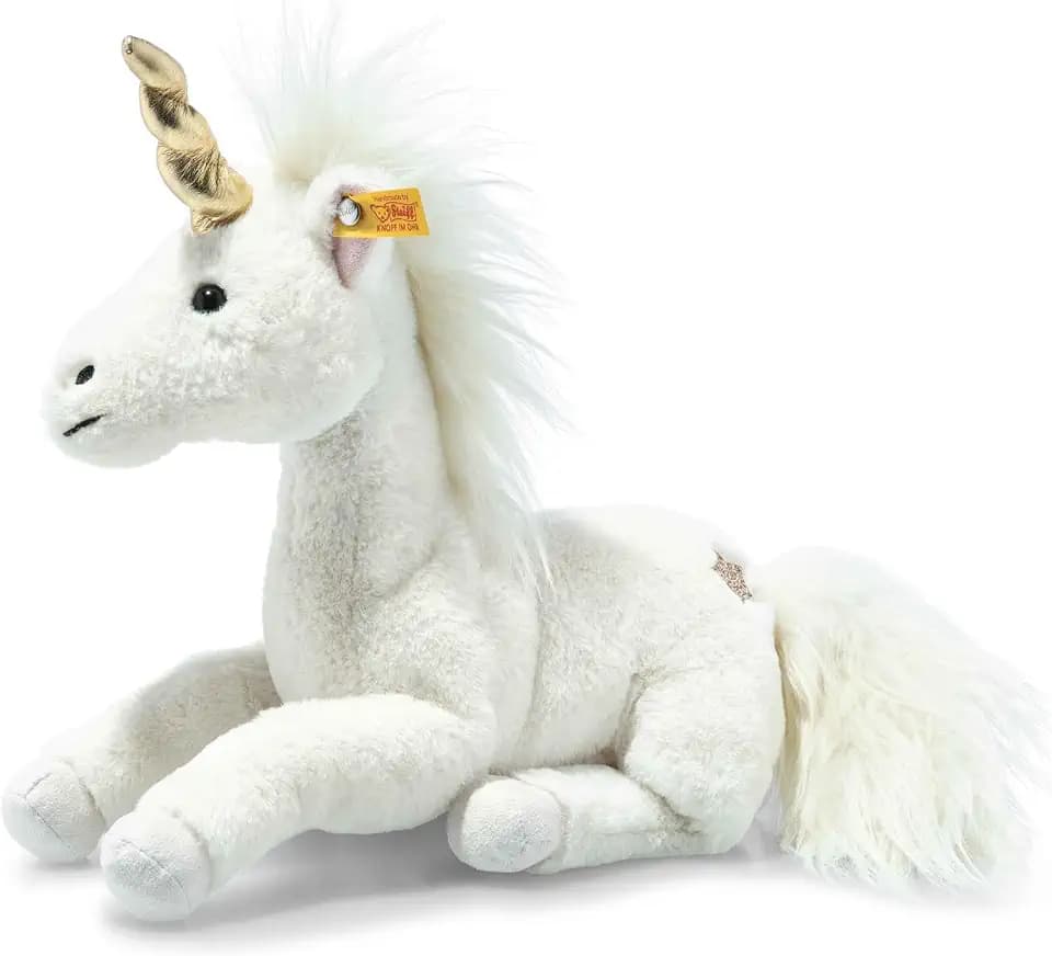 Steiff Unica Schlenker Einhorn weiß liegend 27 cm, Soft Cuddly Friends, Kuscheltier Einhorn, Plüschtier mit Granulatsäckchen in Hufen und Bauch für EIN tolles Fühlerlebnis, Plüsch Stofftier