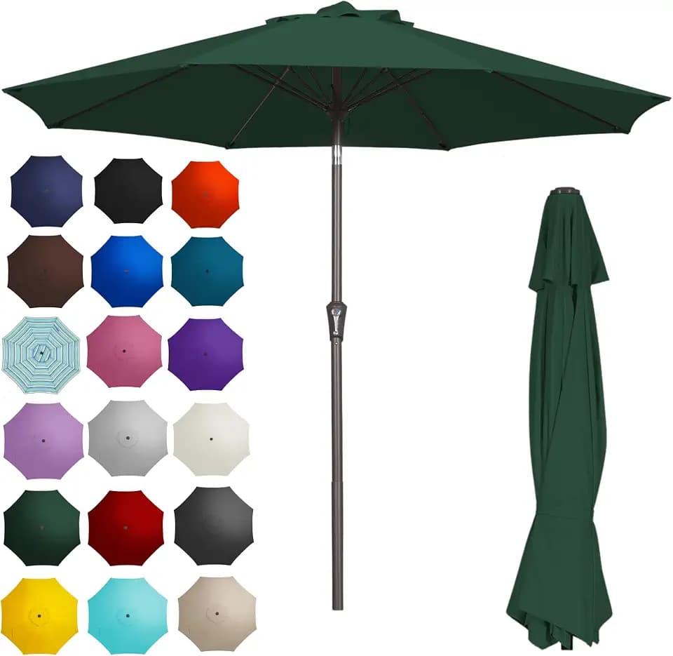 PatioKingdom 9FT Patio Outdoor Umbrella-UPF 50+ Sun Shade with Wind Vent, Push-Button Tilt & Smooth Crank Lift, Rust-Resistant Fiberglass Frame for Garden, Backyard,Yard (Dark Green)