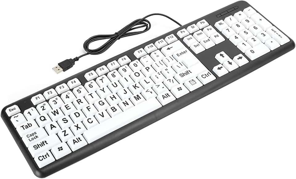 Akozon Schwarze Tastatur für Sehbehinderte, USB-Kabel, Tastatur für ältere Menschen mit Weißen, Großgedruckten Tasten. Schwarzes Professionelles Zubehör für den Einsatz (Black)