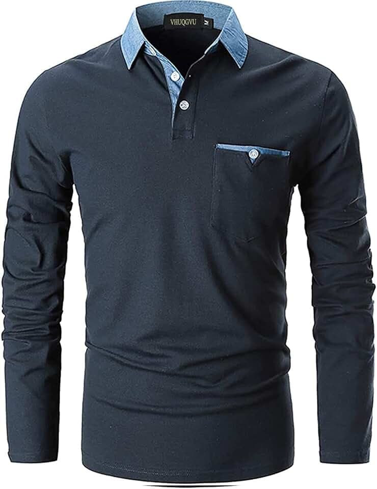 Poloshirt Herren Langarm Baumwolle Slim Fit Klassisch Kariertes Patchwork T-Shirt Golf und Tennis Sport Tops