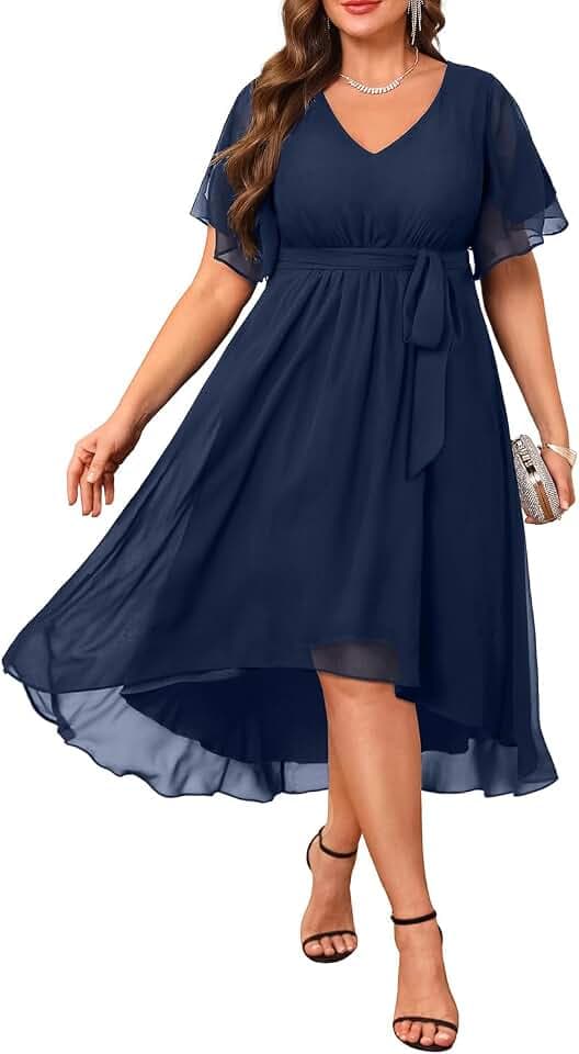 Talisea Kleid in Übergröße, für Hochzeitsgäste – formelles Cocktailkleid, Chiffon, V-Ausschnitt, kurze Ärmel, hoch niedrig, kurvige Damenkleider