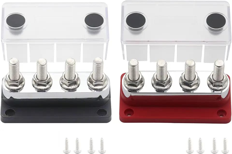 Sammelschiene Kupfer 600A Heavy Duty Busbar Verteiler, 12V-48V Bus Bar mit 4x M10 Klemmleisten - DC Batterie Sammelschienen für Solar PV Wohnmobil Boot Kfz LKW Marine - Rot& Schwarz 2-Pack