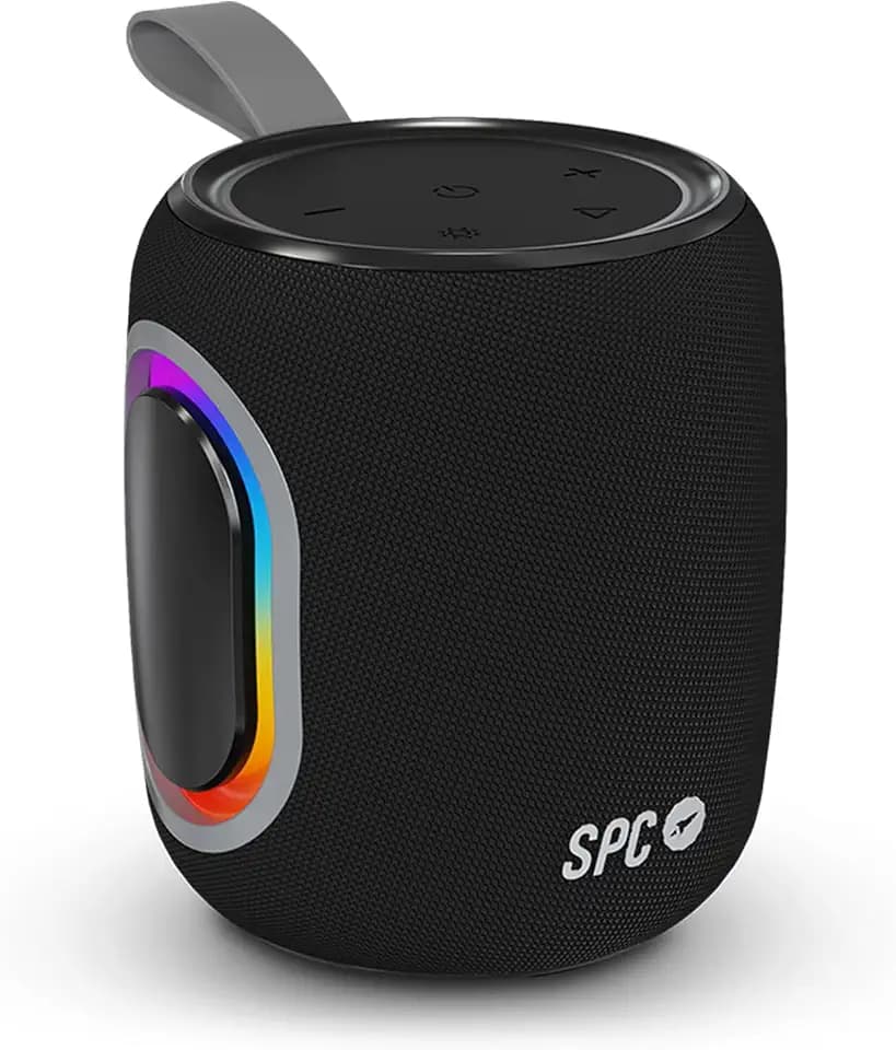 SPC Orbital Spark - Tragbarer 15-W-Bluetooth-Lautsprecher | 24 h Akkulaufzeit | Farbige LED-Leuchten | Wasserdicht IPX6 | True Wireless | USB, microSD und 3,5-mm-Buchse | Ultrakompaktes Design