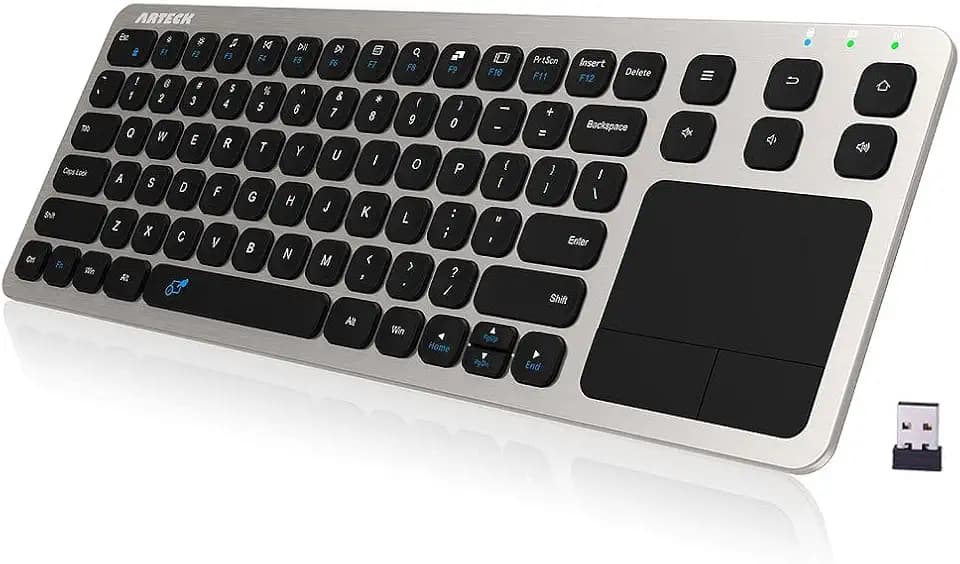 Arteck 2.4G Wireless Touch TV Keyboard with Easy Media Control and Built-in Touchpad Mouse Solid Stainless Ultra Compact Full Size Keyboard -Connected Computer, Smart TV, HTPC