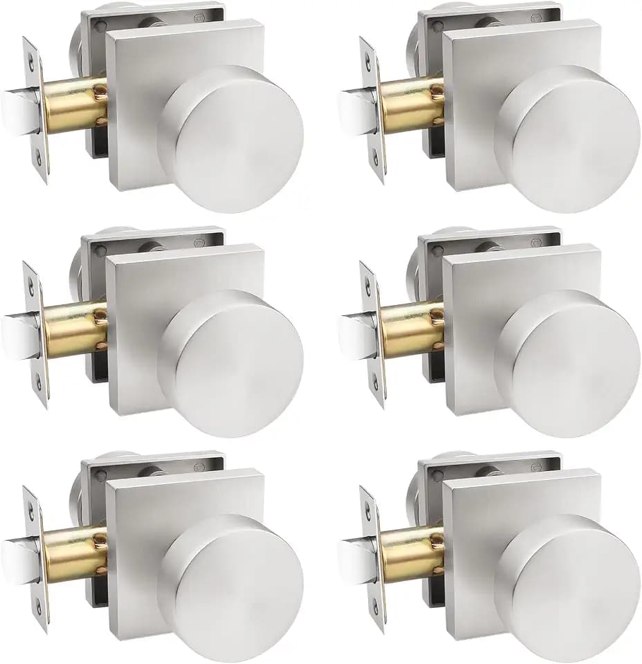 Probrico Door Knobs Brushed Nickel Interior Handles for Closet and Hallway Doors, Keyless Door Knobs No Lock, Interior Doorknobs on Square Rose, 6 Pack