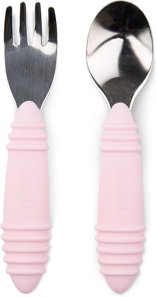 Bumkins Toddler Utensils, Kids Fork and Spoon Set, Silicone and Stainless-Steel Silverware, Angled Forks / Sporks for Self-Feeding, Children Training Flatware Cutlery for 18 Months Up, Pink