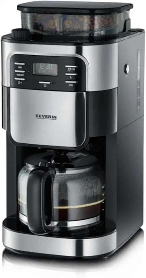 SEVERIN Kaffeemaschine mit Mahlwerk, Kaffeeautomat mit Glaskanne und Timer-Funktion, auch als Filterkaffeemaschine, Glas-Kaffeekanne für 8 Tassen, 1000 Watt, Edelstahl-gebürstet / Schwarz, KA 4810