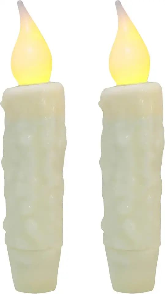 CVHOMEDECO. Echtwachs, handgetaucht, batteriebetrieben, LED-Timer, Spitzkerzen, Landhaus, primitive flammenlose Lichter, Dekoration, 11,4 cm, elfenbeinfarben, 2 Stück in einer Packung