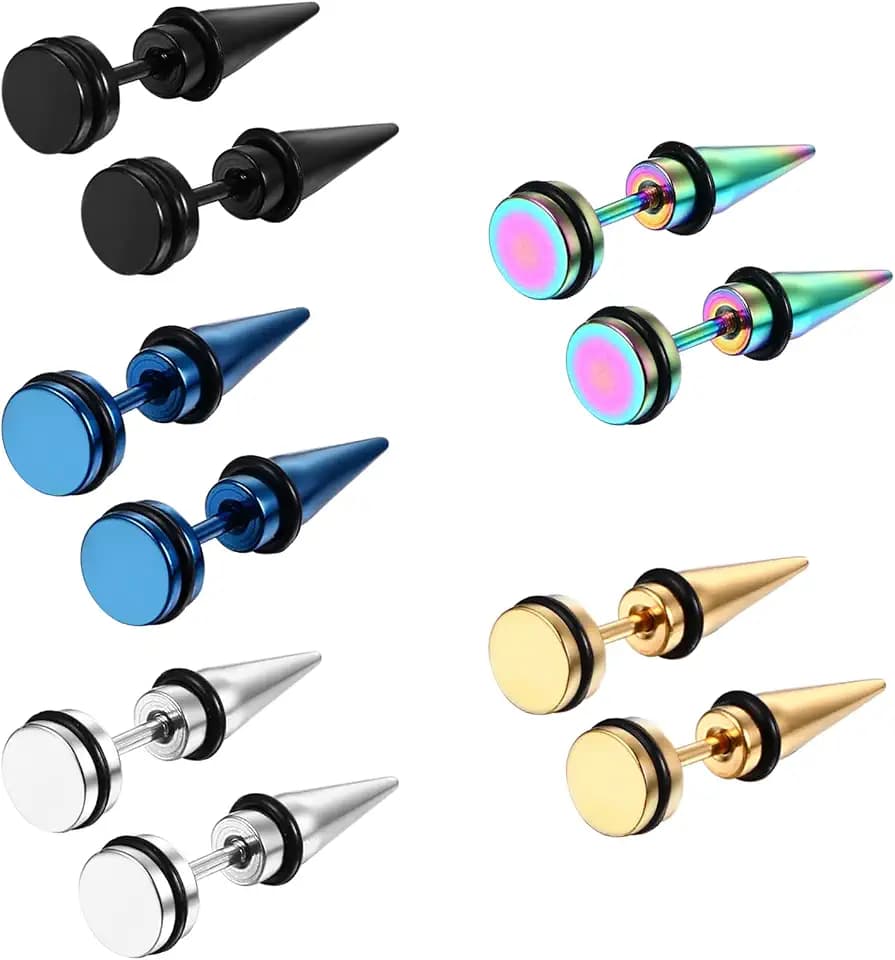 Aroncent 12PCS Stainless Steel Fake Taper Earrings for Men Women Fake Illusion Tunnel Cheater Spike Earrings Fake Plug Earrings Piercing Jewelry