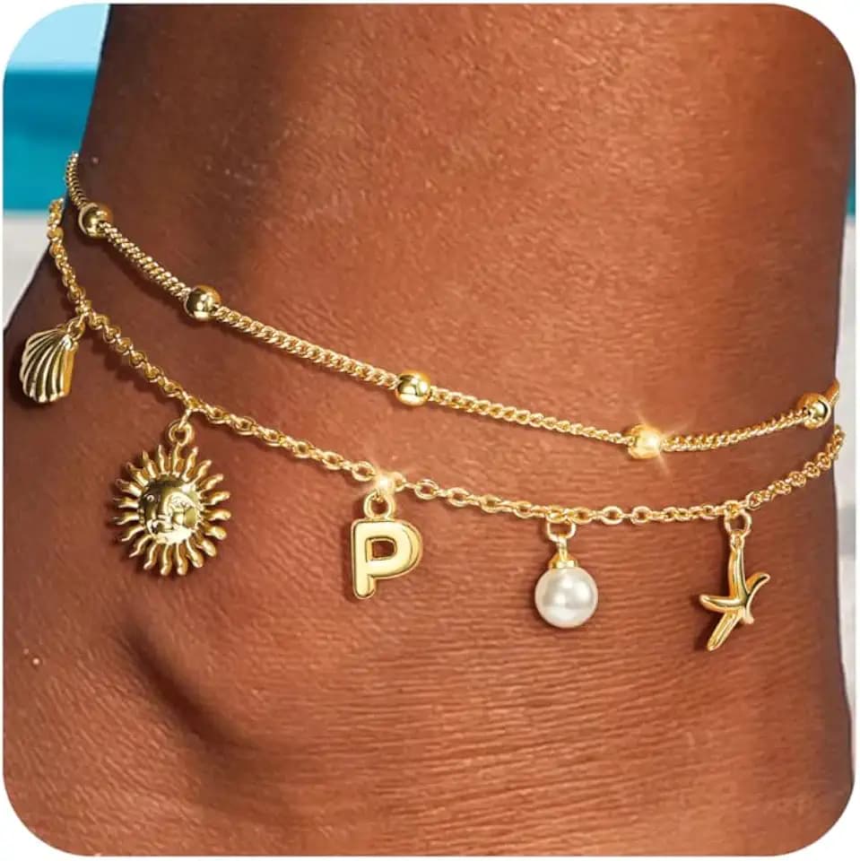 Ankle Bracelets for Women - Gold Initial Anklets for Women Waterproof Handmade Layered Gold Beach Seashell Starfish Sun Pearl Boho Gold Anklets Summer Beach Jewelry Summer Gifts for Women