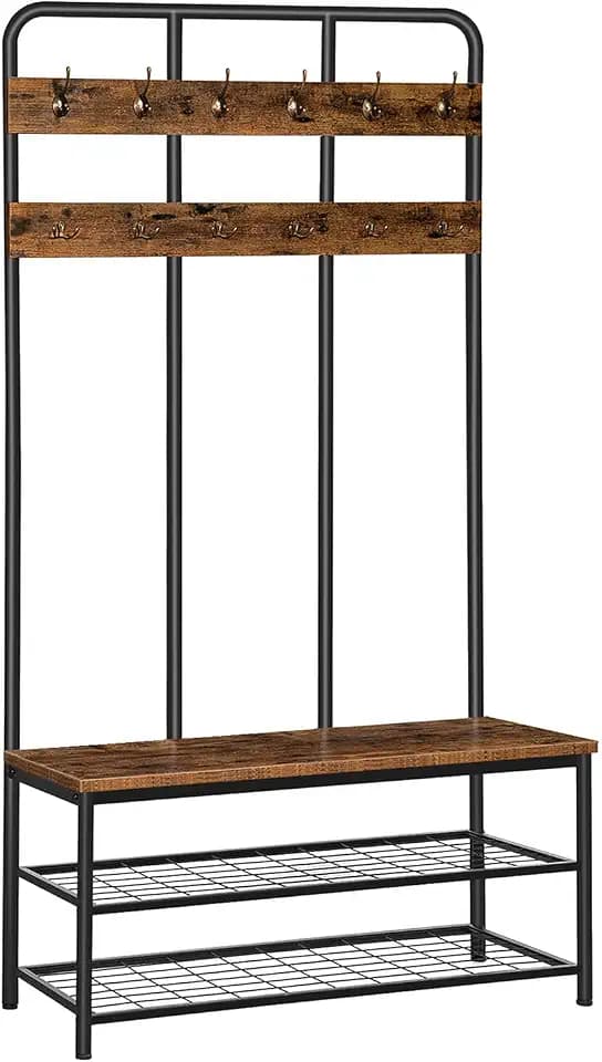 HOOBRO Garderobenständer, Garderobe, Kleiderständer mit 12 Haken, Sitzbank, Schuhregal mit Sitzfläche, 35.5 x 100 x 182 cm, für Flur, Schlafzimmer, Wohnzimmer, Dunkelbraun-Schwarz EBF05MT01
