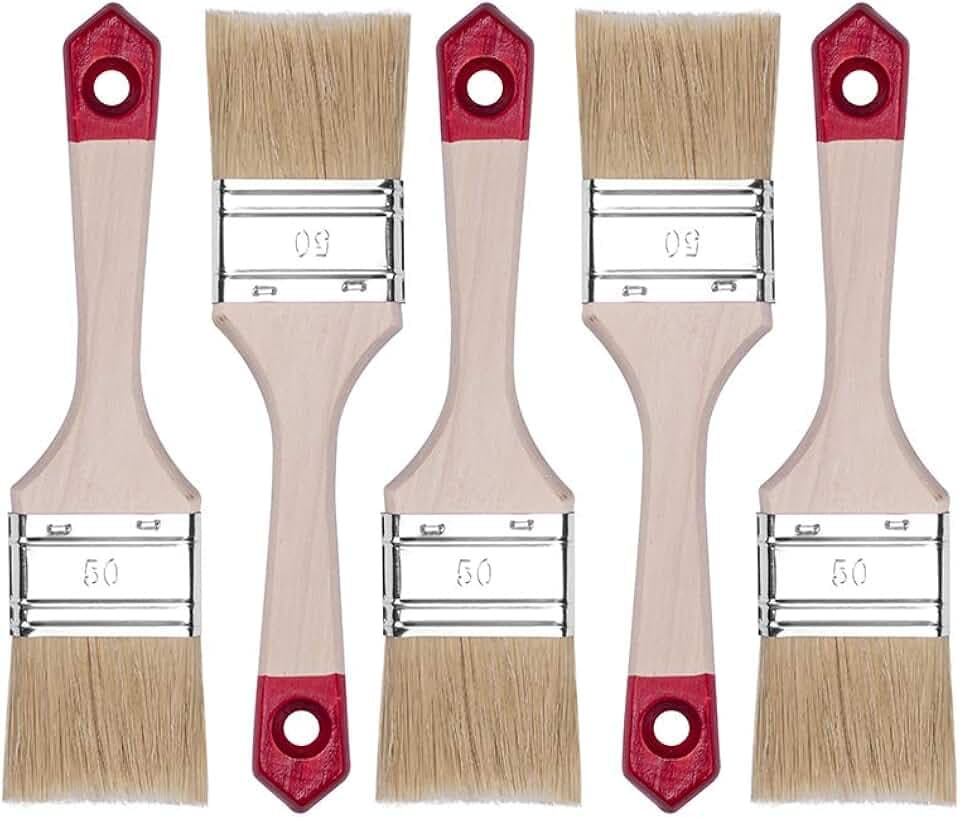 Hardy Working Tools 5X Flachpinsel-Set 50 mm Serie 40 mit Natürlichen Hellen Borsten und Kunstfasern, 5 STK. Malerpinsel-Set mit Naturholzgriff, 5 St. Lackierpinsel-Set