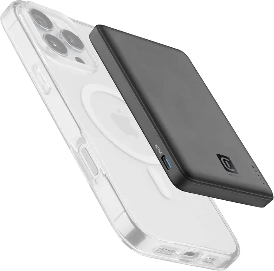 Cellularline MAGSAFE Powerbank 5.000 mAh Schwarz, bis zu 36 Stunden Akkulaufzeit, 7,5W Kabelloses Laden, Kompatibel mit iPhone, Soft-Touch-Design, Schnelles USB-C-Laden, USB-C-Kabel Inklusive