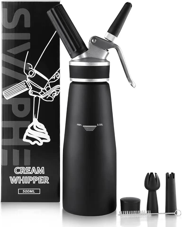 Sivaphe Professional Whipped Cream Dispenser Aluminum Grade Canister, Heavy Duty Cream Whipper Homemade Bliss, Portable Whipped Nitro Coffee Maker Black（8g Chargers Not Included)