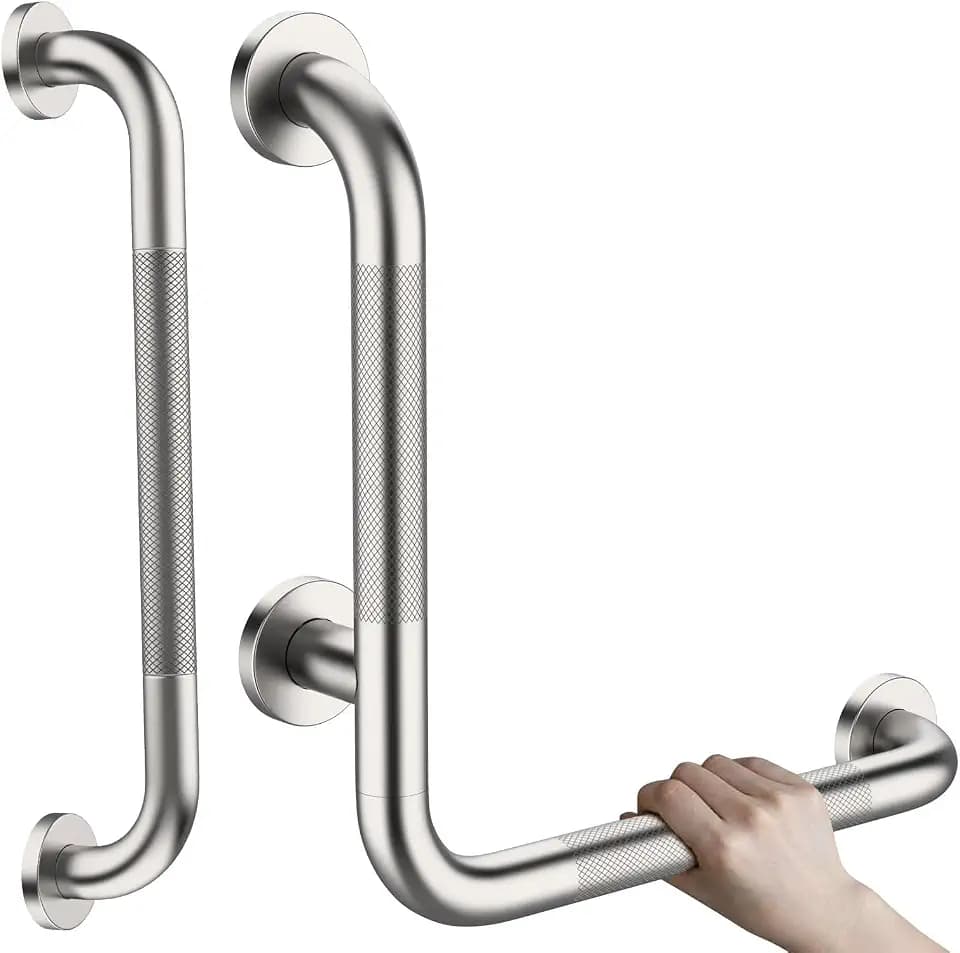 16 Inch L-Shaped Angled Shower Grab Bar w/Knurled Grip, Nickel