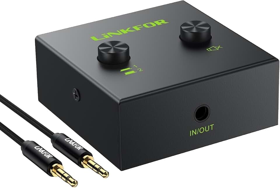LiNKFOR 3,5mm Stereo Audio Switcher, 2(1)-In-1(2)-Out Audio Schalter Umschalter mit 3,5-mm-Audiokabel, Audio Selector Schalter Sound Verteiler für Kopfhörer