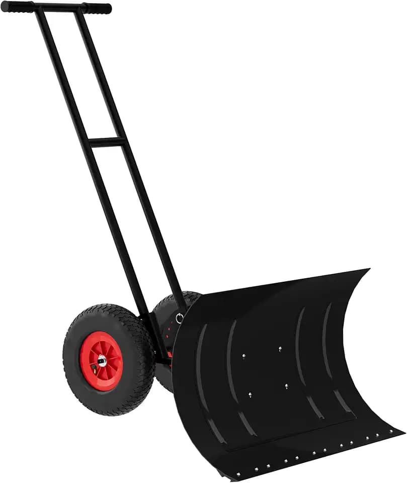 Black Metal Snow Shovel with Wheels - Heavy Duty Snow Pusher for Driveway, Adjustable Angle & Height Handle with Double Rod Design - Ergonomic Wheeled Snow Plow for Efficient Removal, 30" W X 18" H