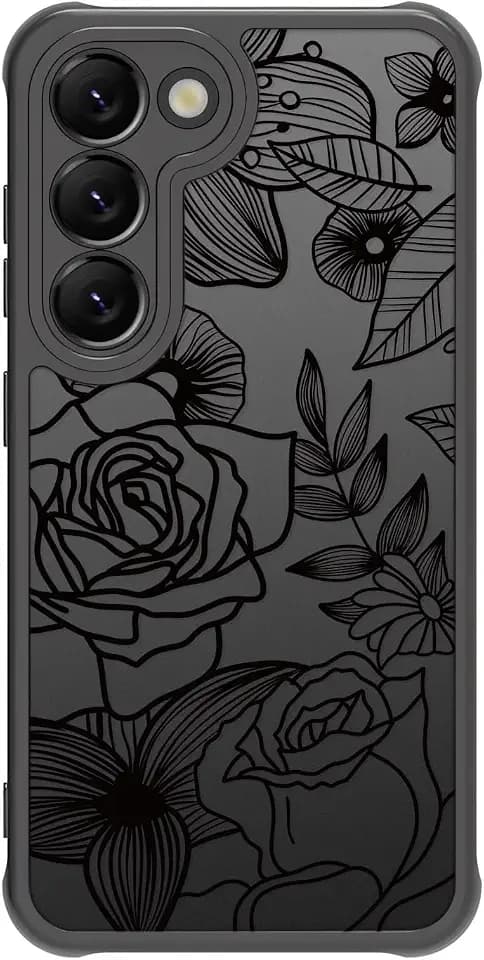 Dumkery Cute Case Compatible with Samsung Galaxy S23 Case, Aesthetic Black Line Art Floral Rose Pattern Print, PC Military Grade Protection Shockproof Cases Cover Skin for Girls Women