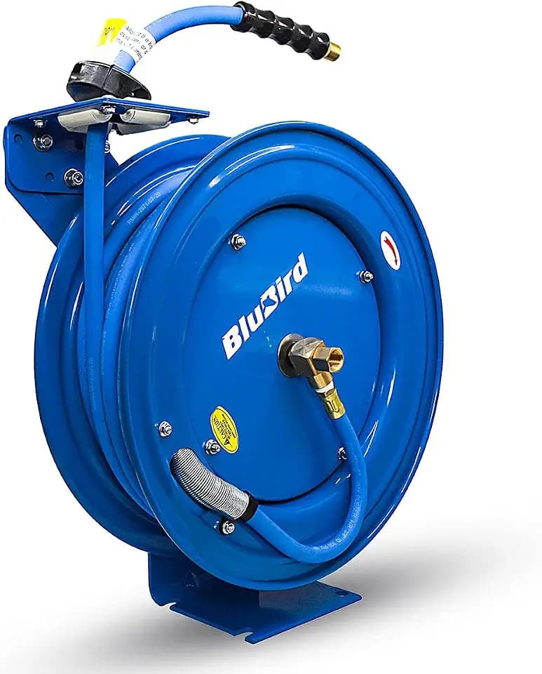 BLUBIRD BBRHD3850 18ga. Retractable Hose Reel with 3/8" X 50' Air Hose, 12 Point Ratcheting Gear, Next-Gen Rubber, Lightest, Strongest, Most Flexible, 300 PSI, -50F to 190F Degrees, Polyester Braided