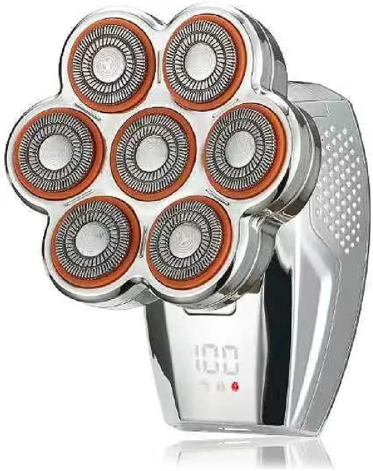 Electric Head & Body Hair Shaver - Mens Cordless Rechargeable Wet/Dry Skull Bald Head Back & Groin Waterproof Razor with Rotary Blades, Clippers, Nose Trimmer, Brush, Massager (Silver)