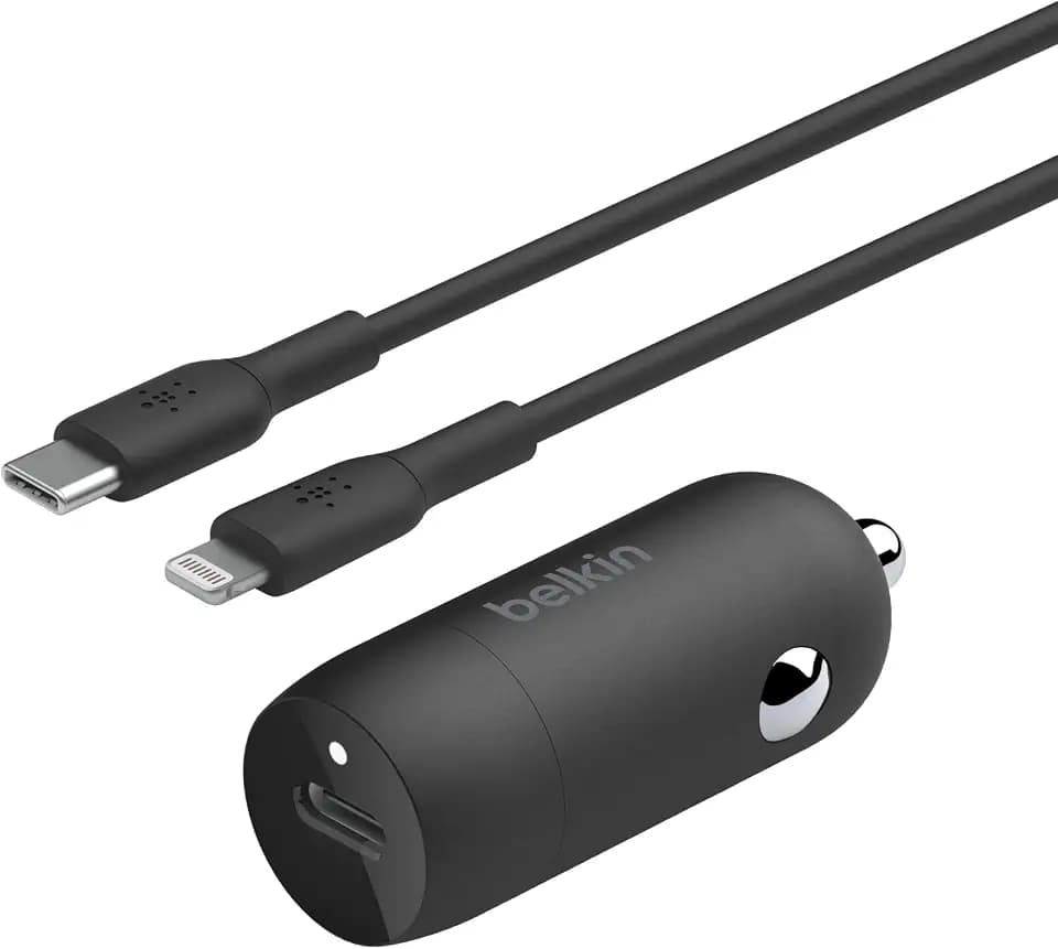 Belkin Boost↑Charge™ 30-W-Kfz-Schnellladegerät, kompaktes Modell mit USB-C-Power Delivery-Anschluss, inklusive USB-C/Lightning-Kabel, kompatibel mit der iPhone 14-Serie, iPad und mehr – Schwarz