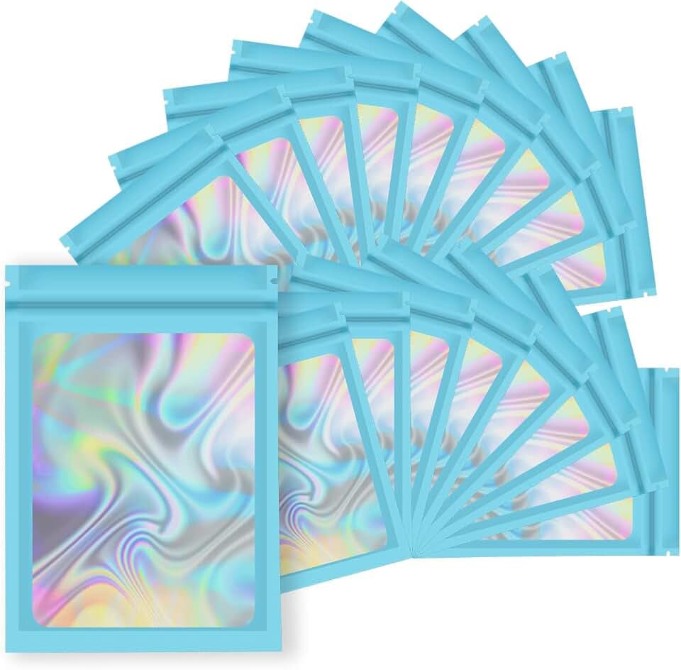 YOTOZU 4.7"x7.8" 100pcs Holographic Resealable Bag Zipper Food Storage Aluminium Foil Mylar Smell Bag Plastic Flat Packaging Pouch for Party Favor Food Candy Jewelry Lip Gloss Optional(Blue)
