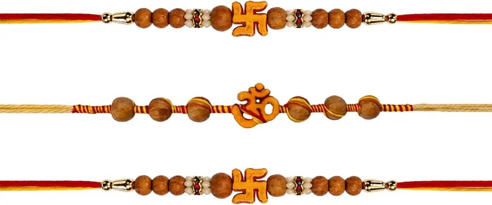 Set of 3 Tulsi Bead Rakhi for Brother | Traditional Om & Swastik Design Raksha Bandhan Thread | Handcrafted Religious Rakhi Set with Decorative Beads