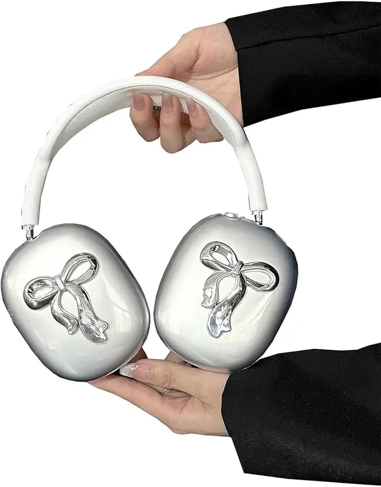 for AirPods Max Case, Woman Cute 3D Silver Bow Protective Case,Clear Soft TPU Ear Cups Headband Cover Protector for Apple AirPod Max