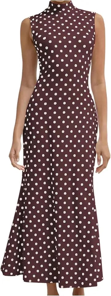 Milumia Women's Polka Dots Maxi Tank Dress Vintage Mock Neck Long Dresses