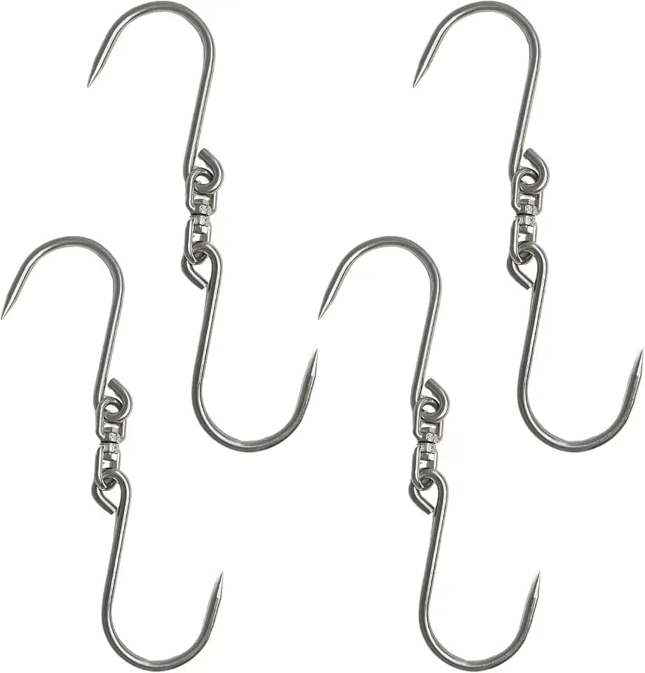 Cutlery Mania Heavy-Duty Hinged Double Meat Hooks, 4-Pack – Stainless Steel Swiveling Butcher Hooks for Hanging, Skinning & Meat Processing – Food-Grade, Rust-Resistant, 10 in, 10 mm Thick