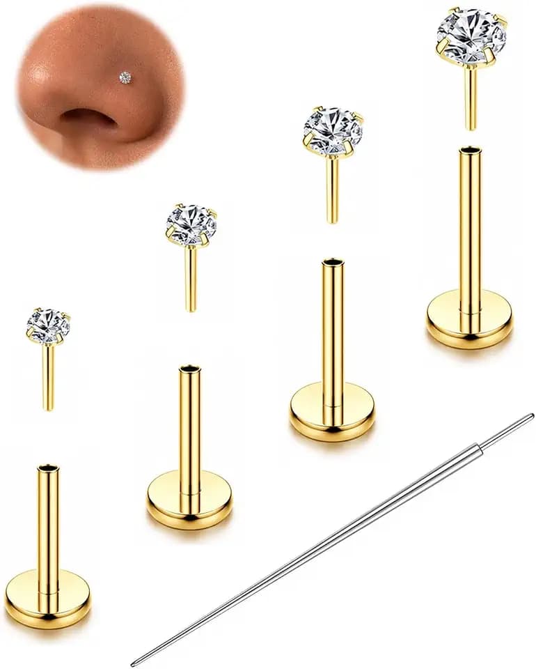 8Pcs/4Pcs 20G 18G Implant Grade G23 Titanium Threadless Flat Back Earrings Stud Set, Push In Nose Studs Lip Cartilage Helix Tragus Medusa Conch Body Piercing Jewelry for Women and Men, 6mm 7mm 8mm Labret Posts with 2mm 2.5mm 3mm 4mm CZ