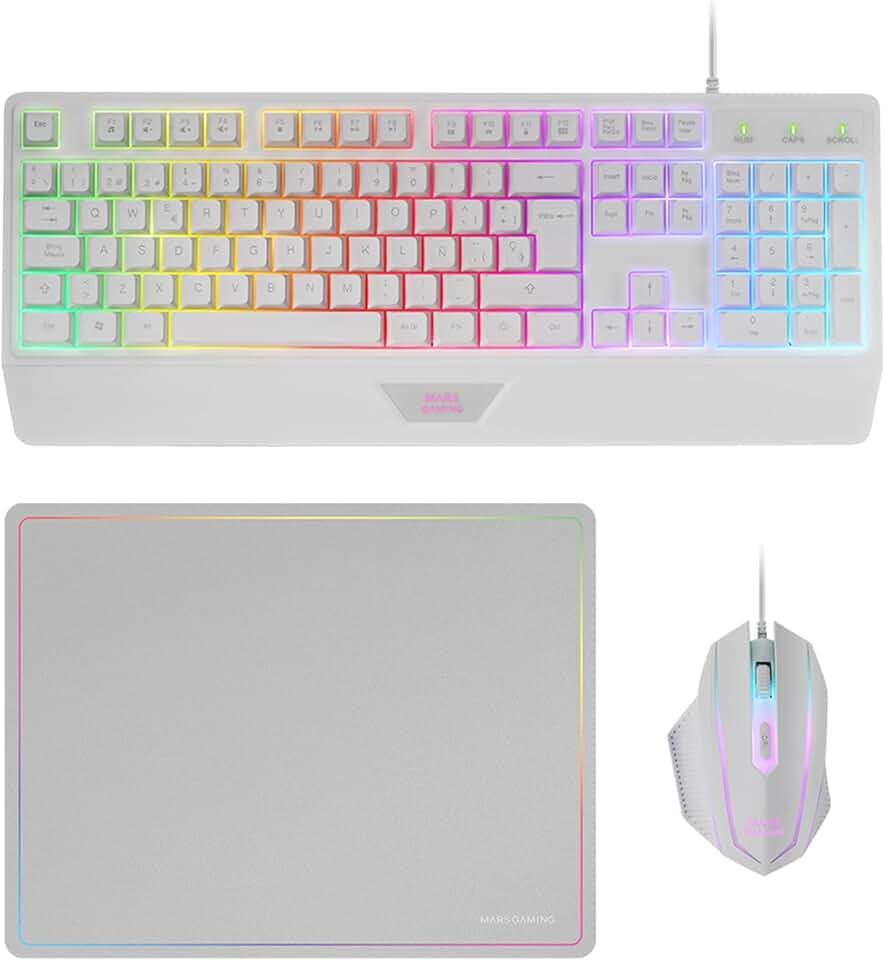 MARSGAMING MCP124, 3in1 Gaming Combo, Ergonomische H-Mech LED RGB Tastatur, RGB Maus 3200DPI HUANO Switches, Nanotextil-Mauspad 360x260mm, Multiplattform-Kompatibilität, Spanisches Layout, Weiß